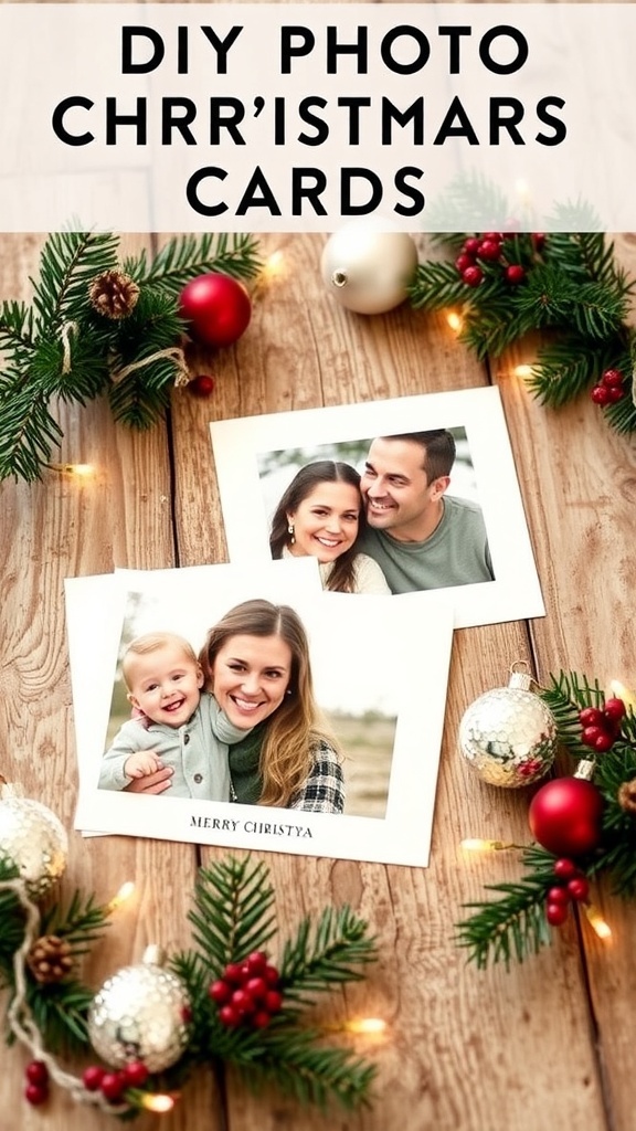A collection of handmade photo Christmas cards with family pictures, decorated with holiday elements on a wooden table.